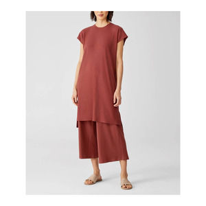 Eileen Fisher Dark Terracotta Textured Stretch Rib Crew Neck Dress